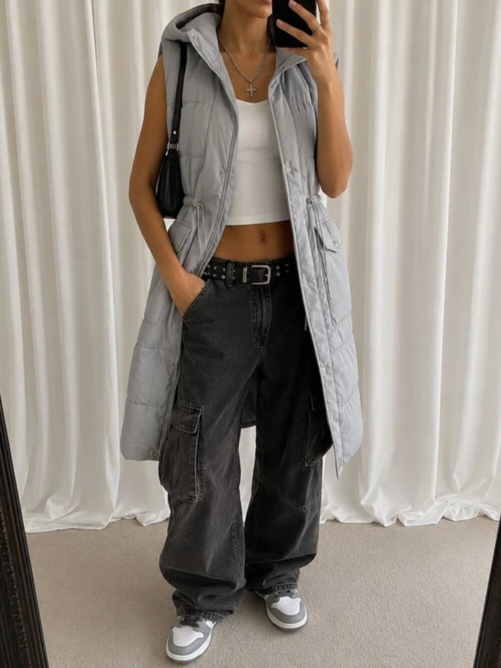 Grey longline hooded puffer vest